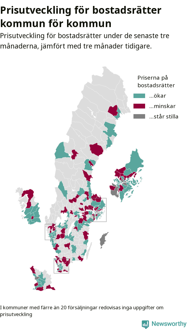 Karta som visar var i landet priserna på bostadsrätter ökar respektive minskar