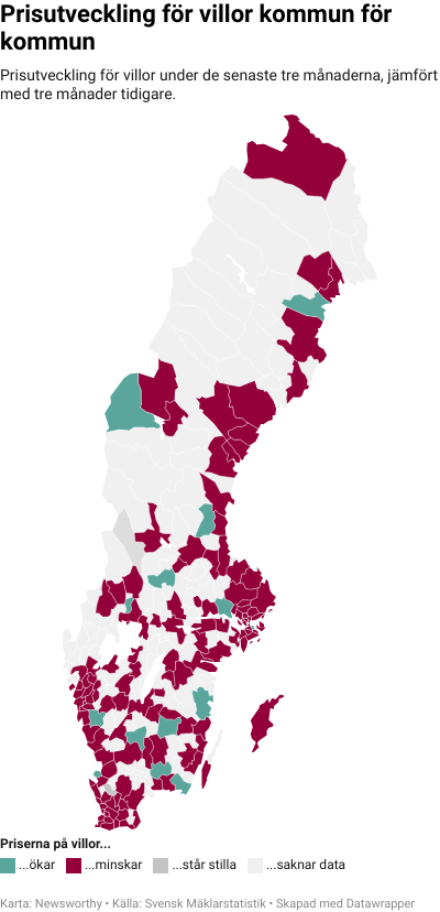 Karta: Prisutveckling för villor kommun för kommun
