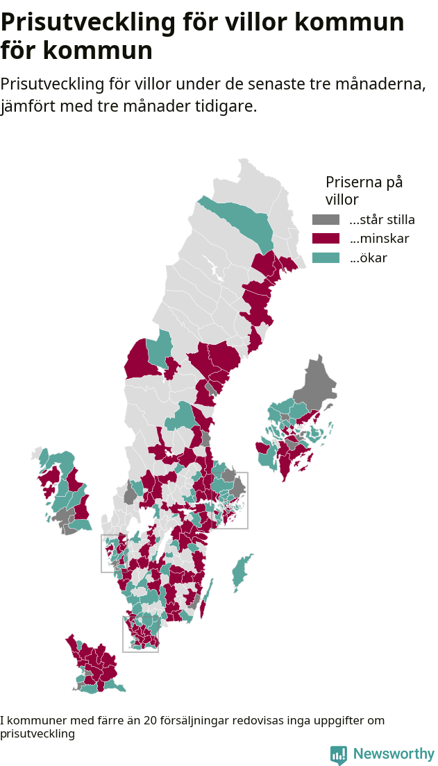 Karta som visar var i landet priserna på villor ökar respektive minskar