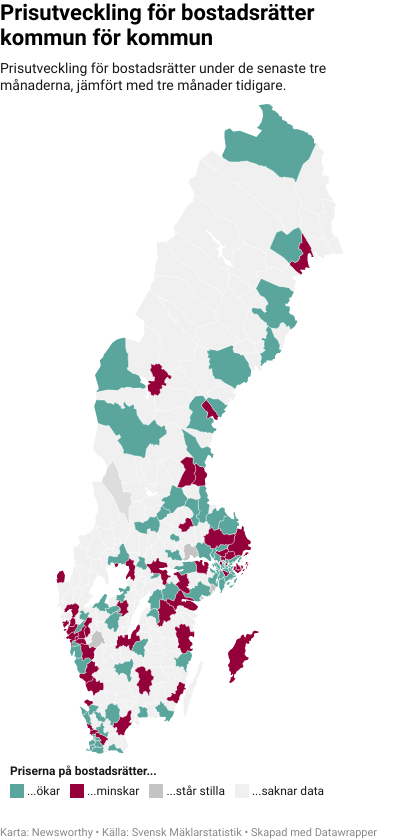 Karta: Prisutveckling för bostadsrätter kommun för kommun