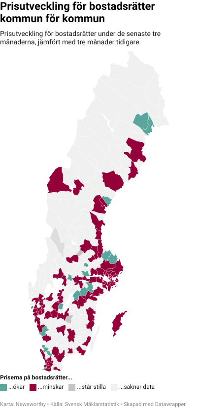 Karta: Prisutveckling för bostadsrätter kommun för kommun