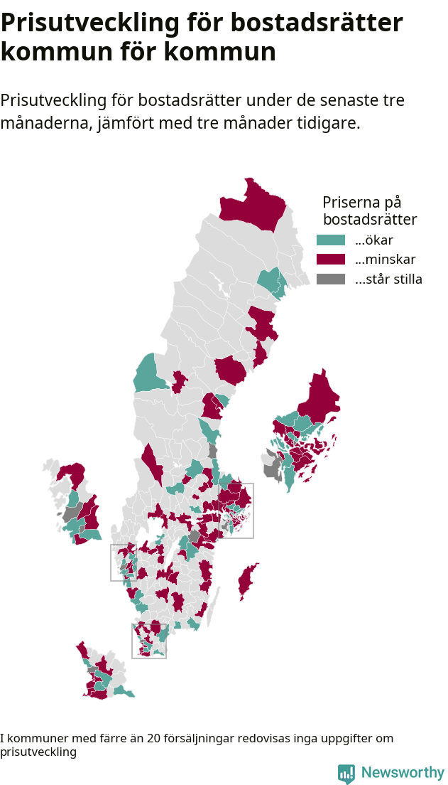 Karta som visar var i landet priserna på bostadsrätter ökar respektive minskar