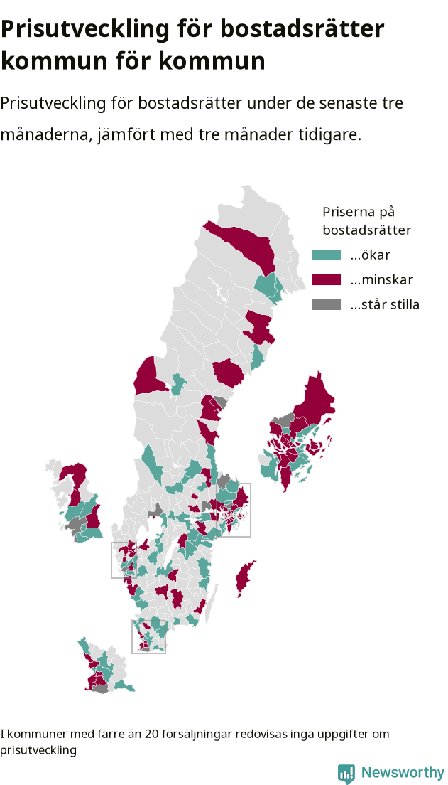 Karta som visar var i landet priserna på bostadsrätter ökar respektive minskar