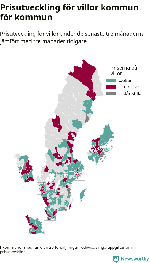 Karta som visar var i landet priserna på villor ökar respektive minskar