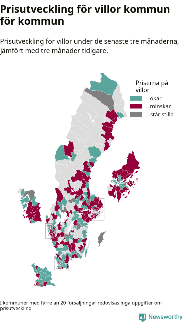 Karta som visar var i landet priserna på villor ökar respektive minskar