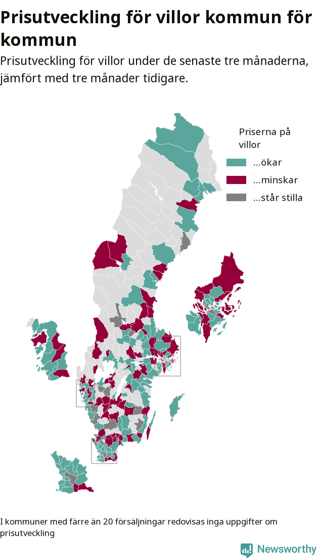 Karta som visar var i landet priserna på villor ökar respektive minskar