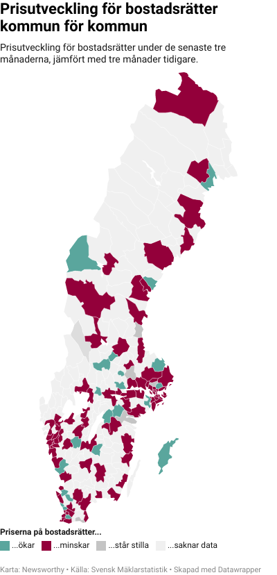 Karta: Prisutveckling för bostadsrätter kommun för kommun