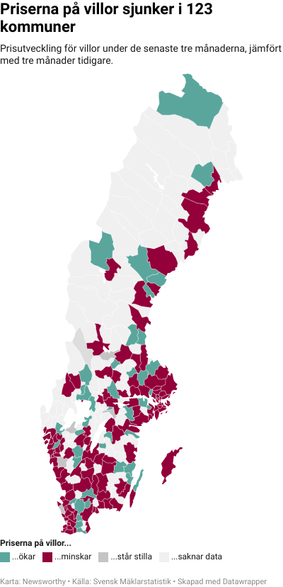 Karta: Prisutveckling för villor kommun för kommun
