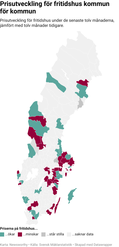 Karta: Prisutveckling för fritidshus kommun för kommun