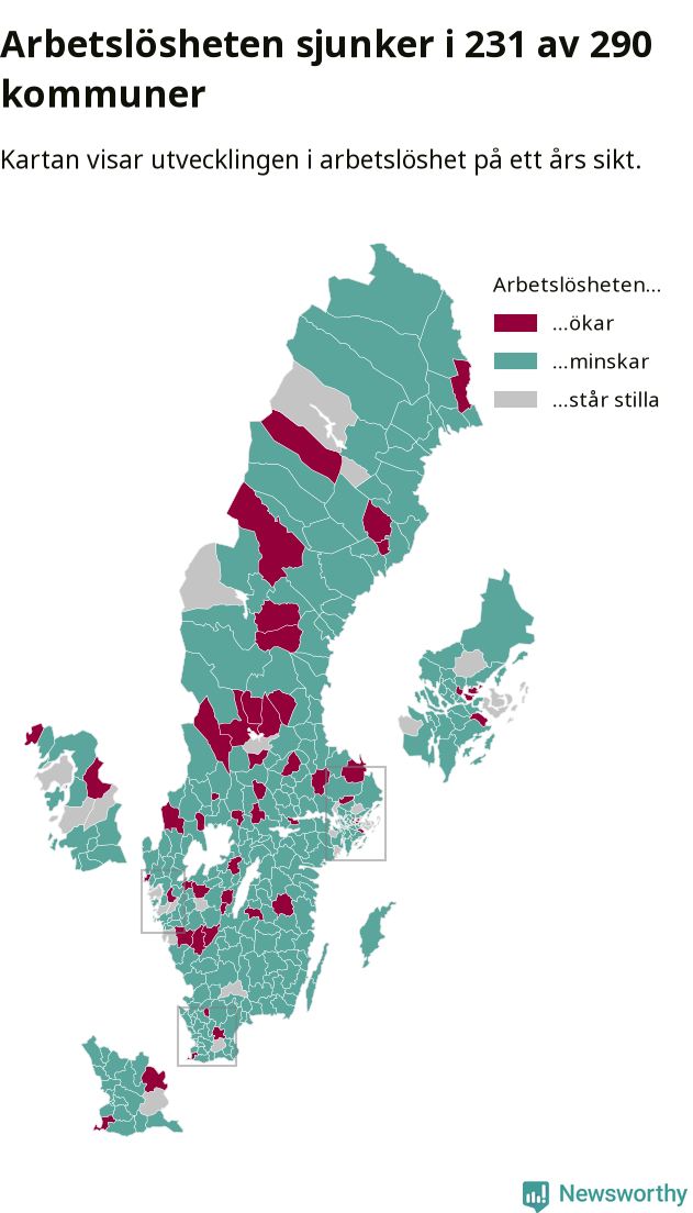 Karta: Arbetslöshetsutveckling kommun för kommun