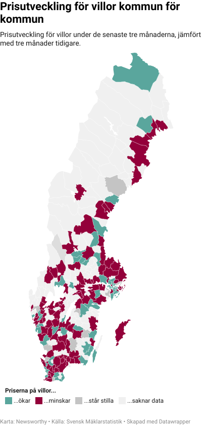 Karta: Prisutveckling för villor kommun för kommun