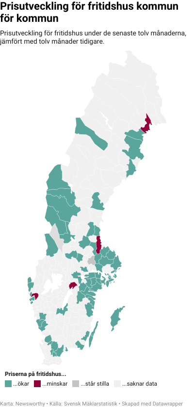 Karta: Prisutveckling för fritidshus kommun för kommun