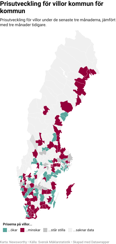 Karta: Prisutveckling för villor kommun för kommun
