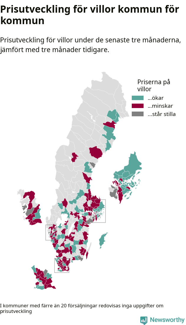 Karta som visar var i landet priserna på villor ökar respektive minskar