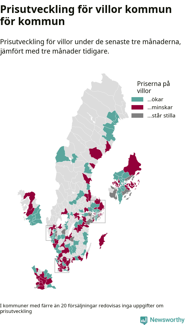 Karta som visar var i landet priserna på villor ökar respektive minskar