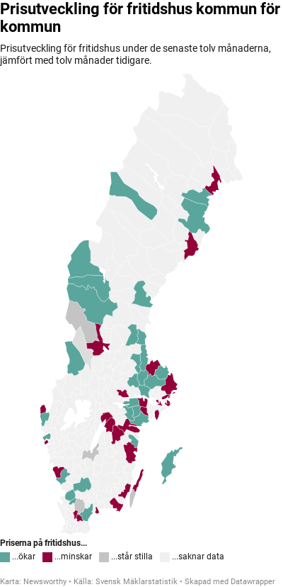 Karta: Prisutveckling för fritidshus kommun för kommun