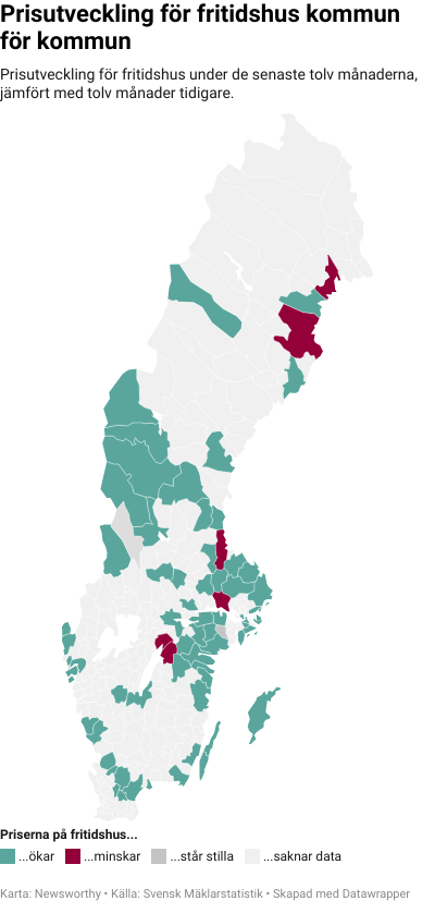 Karta: Prisutveckling för fritidshus kommun för kommun