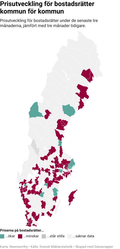 Karta: Prisutveckling för bostadsrätter kommun för kommun