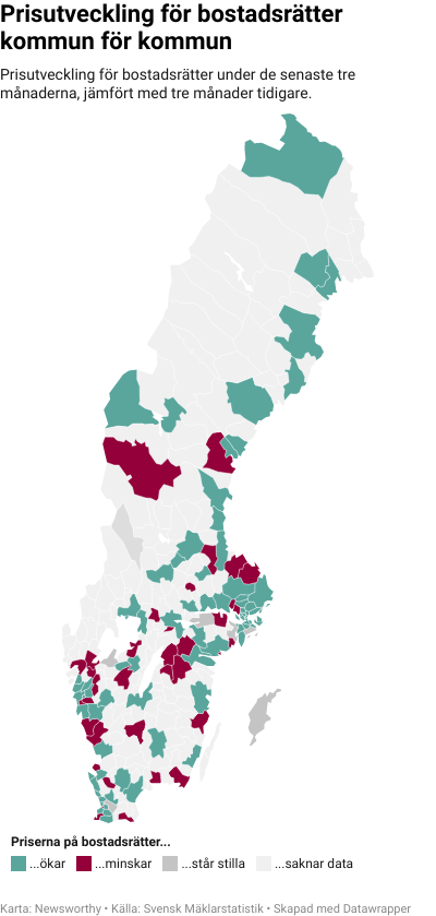 Karta: Prisutveckling för bostadsrätter kommun för kommun
