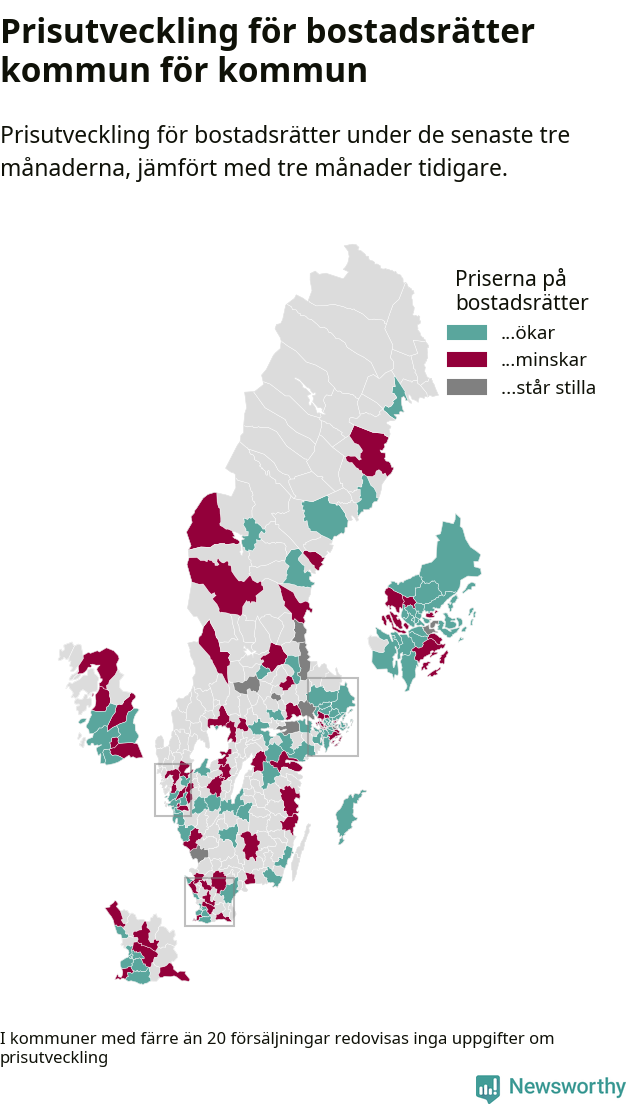Karta som visar var i landet priserna på bostadsrätter ökar respektive minskar