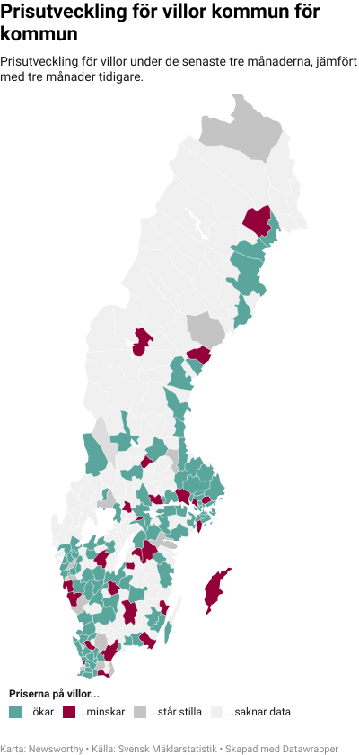 Karta: Prisutveckling för villor kommun för kommun