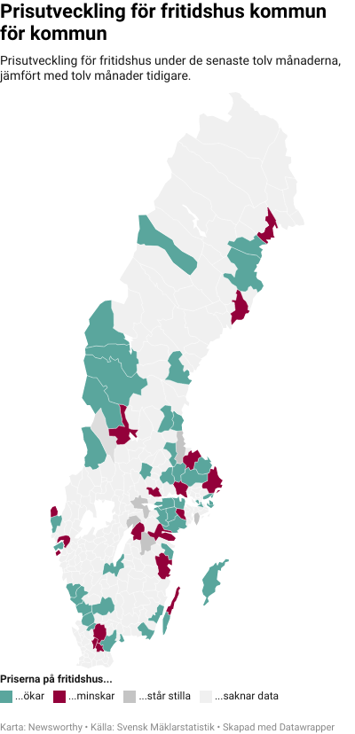 Karta: Prisutveckling för fritidshus kommun för kommun
