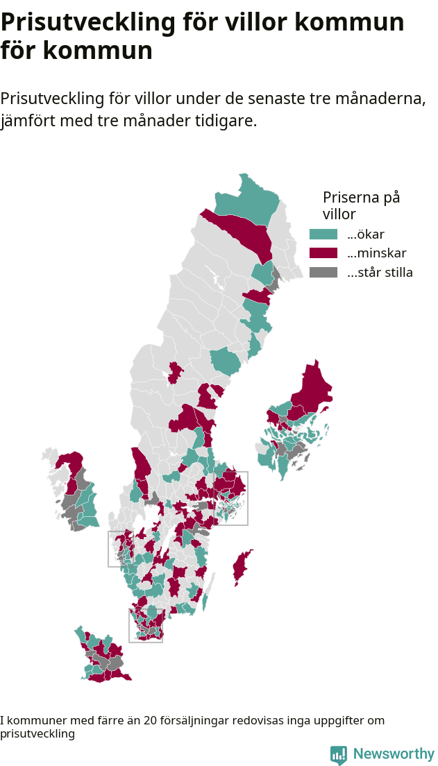 Karta som visar var i landet priserna på villor ökar respektive minskar