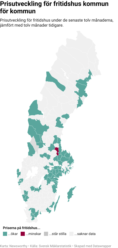 Karta: Prisutveckling för fritidshus kommun för kommun