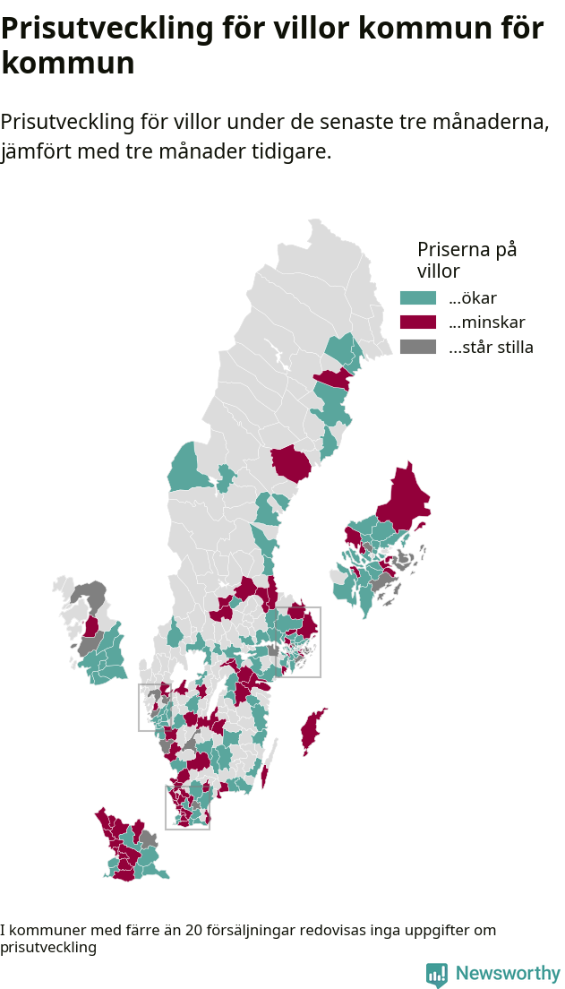 Karta som visar var i landet priserna på villor ökar respektive minskar