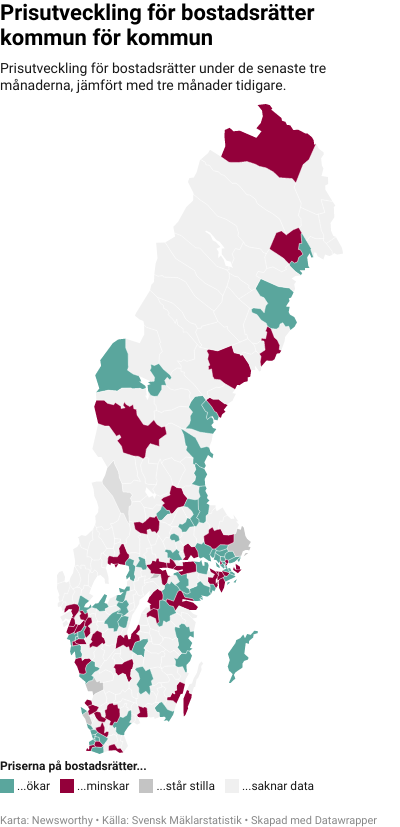 Karta: Prisutveckling för bostadsrätter kommun för kommun