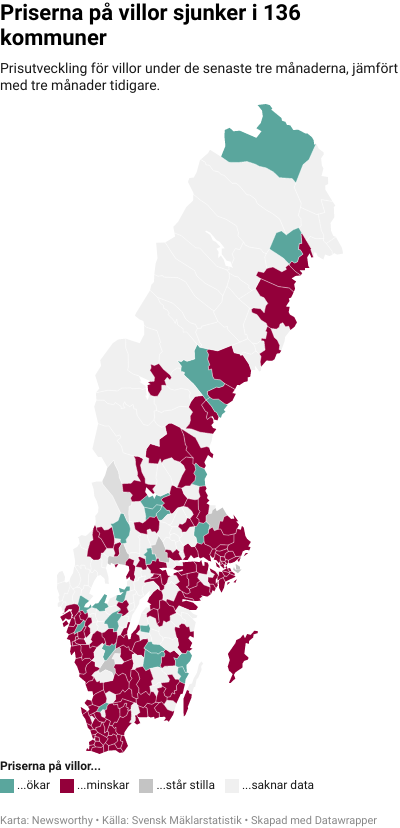 Karta: Prisutveckling för villor kommun för kommun