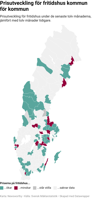 Karta: Prisutveckling för fritidshus kommun för kommun