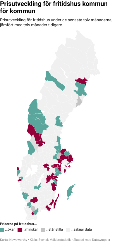 Karta: Prisutveckling för fritidshus kommun för kommun