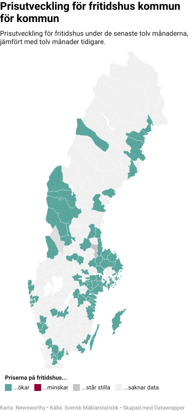Karta: Prisutveckling för fritidshus kommun för kommun