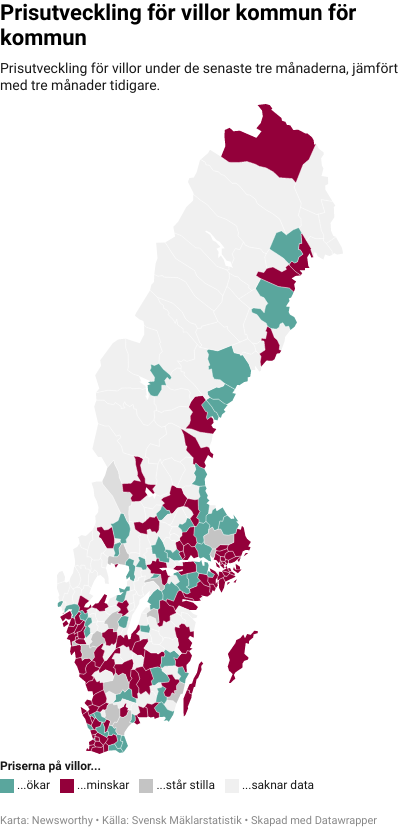 Karta: Prisutveckling för villor kommun för kommun