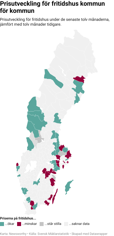 Karta: Prisutveckling för fritidshus kommun för kommun