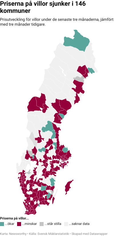 Karta: Prisutveckling för villor kommun för kommun