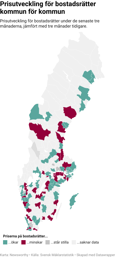 Karta: Prisutveckling för bostadsrätter kommun för kommun