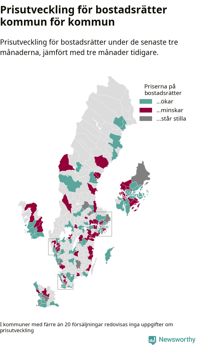 Karta som visar var i landet priserna på bostadsrätter ökar respektive minskar