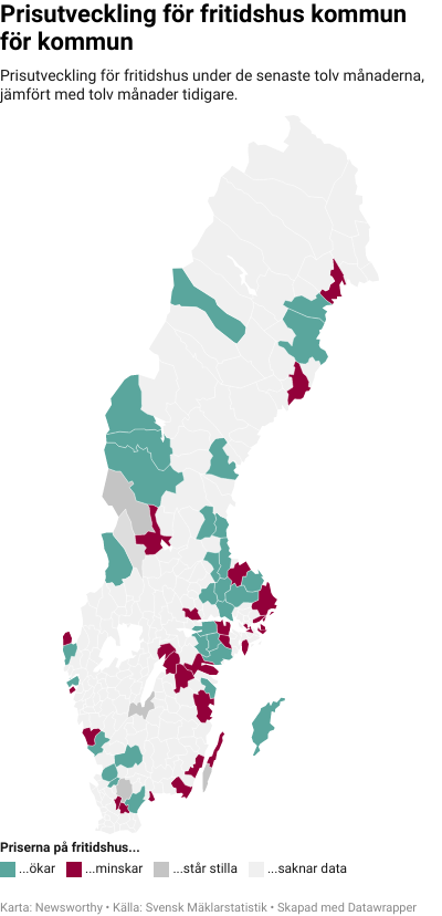 Karta: Prisutveckling för fritidshus kommun för kommun