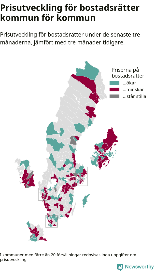 Karta som visar var i landet priserna på bostadsrätter ökar respektive minskar