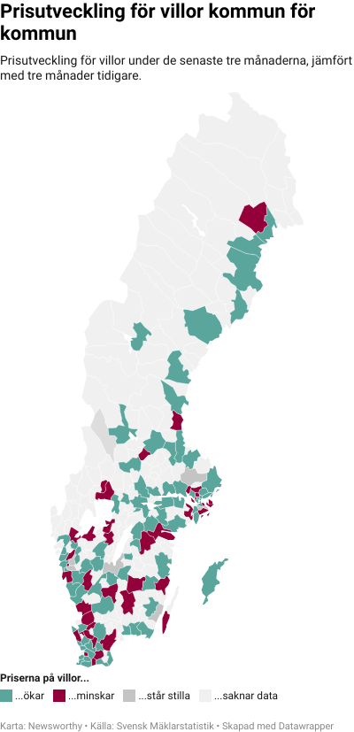 Karta: Prisutveckling för villor kommun för kommun