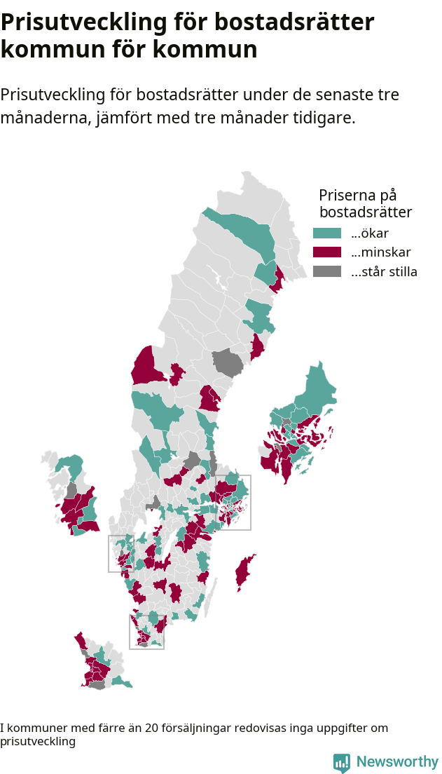 Karta som visar var i landet priserna på bostadsrätter ökar respektive minskar