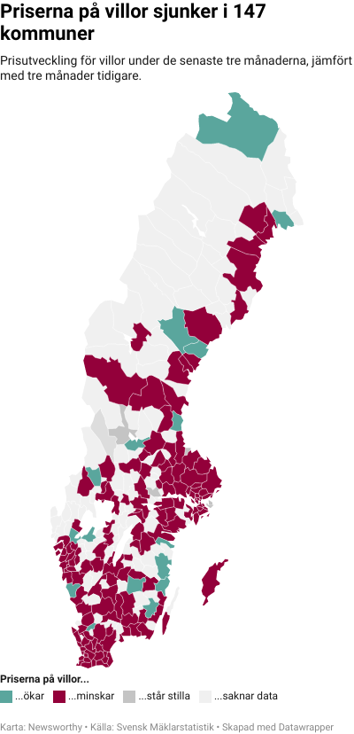 Karta: Prisutveckling för villor kommun för kommun