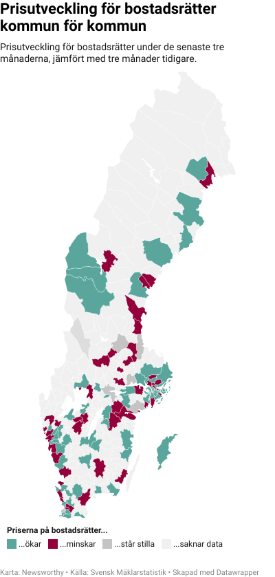 Karta: Prisutveckling för bostadsrätter kommun för kommun
