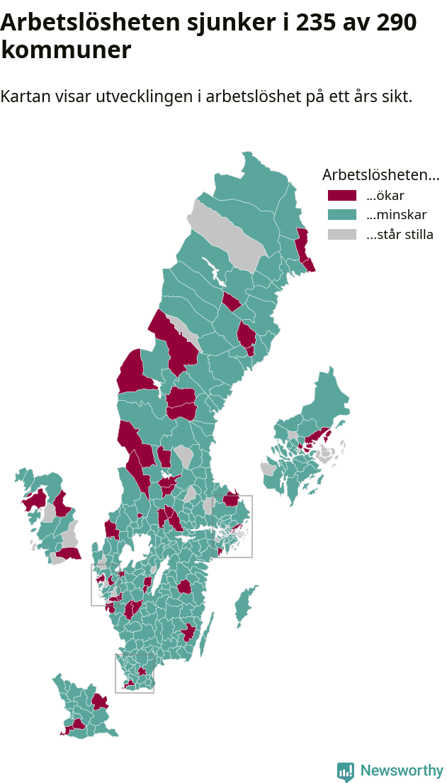 Karta: Arbetslöshetsutveckling kommun för kommun