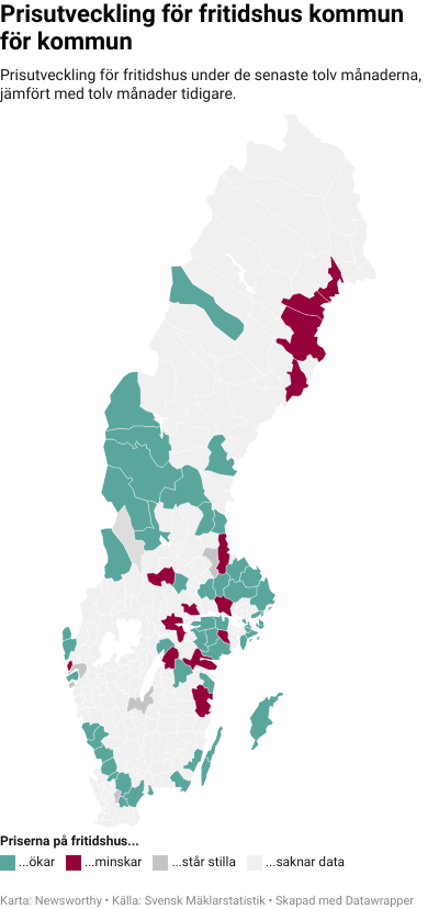 Karta: Prisutveckling för fritidshus kommun för kommun
