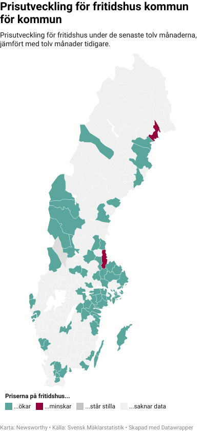 Karta: Prisutveckling för fritidshus kommun för kommun