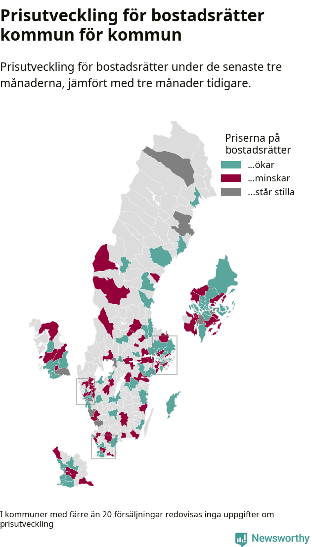 Karta som visar var i landet priserna på bostadsrätter ökar respektive minskar