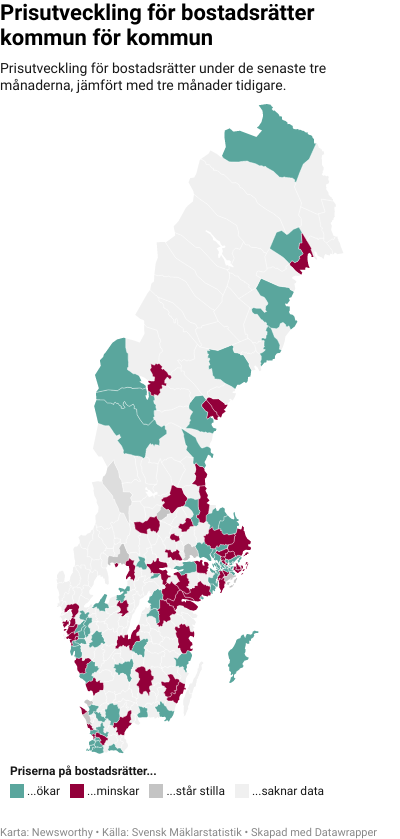 Karta: Prisutveckling för bostadsrätter kommun för kommun